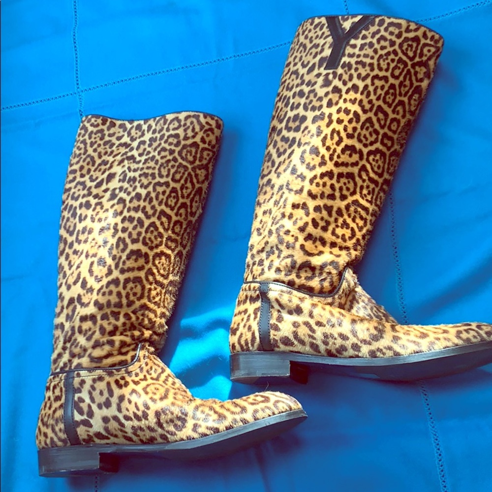 YSL LEOPARD KNEE HIGH BOOTS